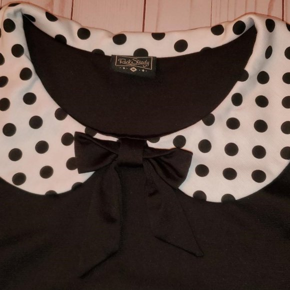 Rock Steady Ladies Black Top w/Polka Dot Collar - M - Picture 2 of 5